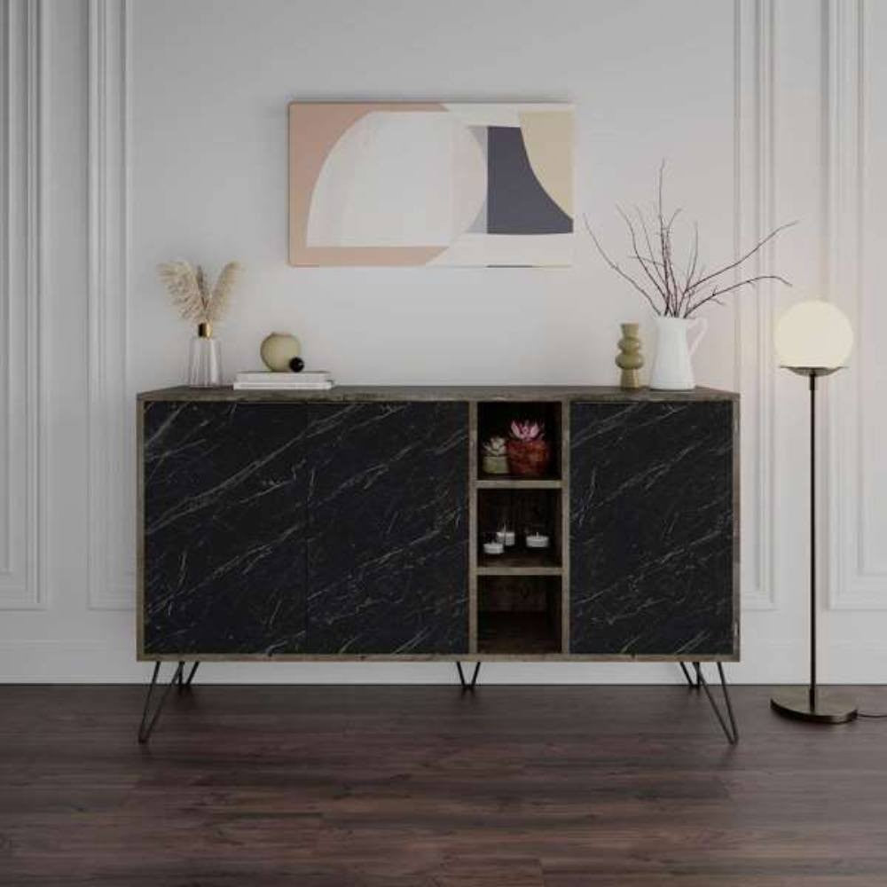 madia clara bendir dark coffe 3 ante effetto marmo nero 142x35,6x83h, credenza in legno con ante battenti e spazio interno capiente