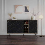 madia clara bendir dark coffe 3 ante effetto marmo nero 142x35,6x83h, credenza in legno con ante battenti e spazio interno capiente