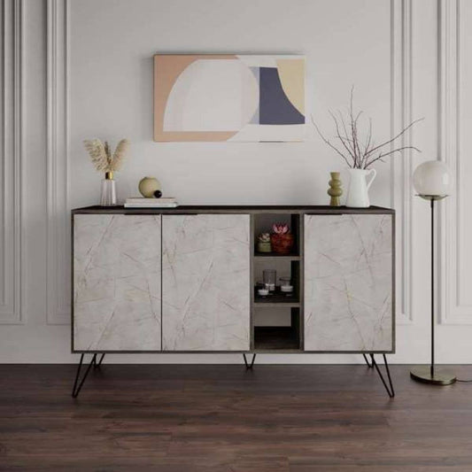 madia clara lagina dark coffe 3 ante effetto marmo grigio opaco 142x35,6x83h, credenza in legno con ante battenti e spazio interno capiente