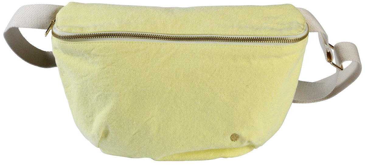 marsupio iona luce del sole, colore luce del sole, taglia 19 x 28. vista frontale del marsupio in tessuto naturale su fondo neutro