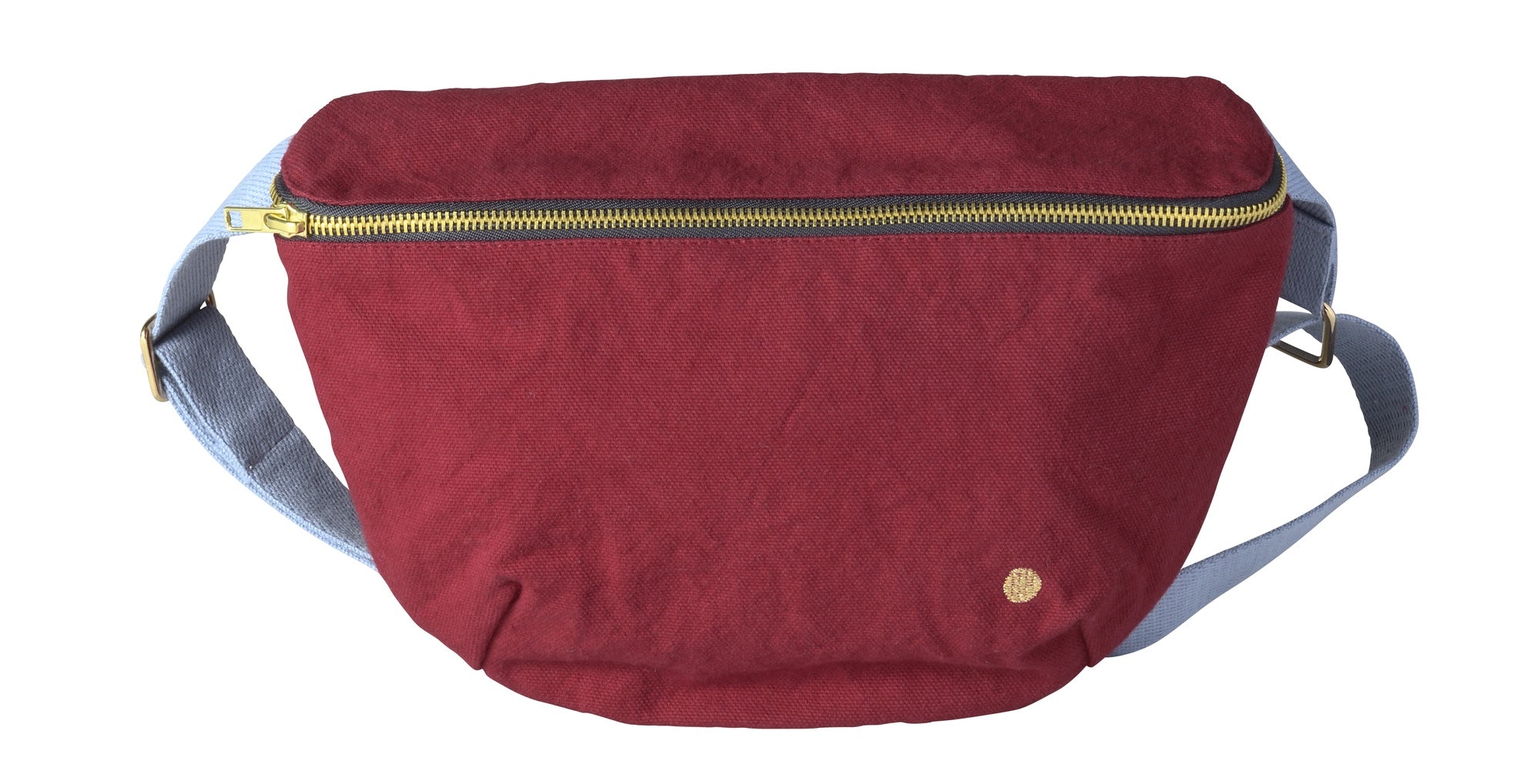 marsupio iona ciliegia, colore ciliegia, taglia 19 x 28. vista frontale del marsupio in tessuto naturale su fondo neutro