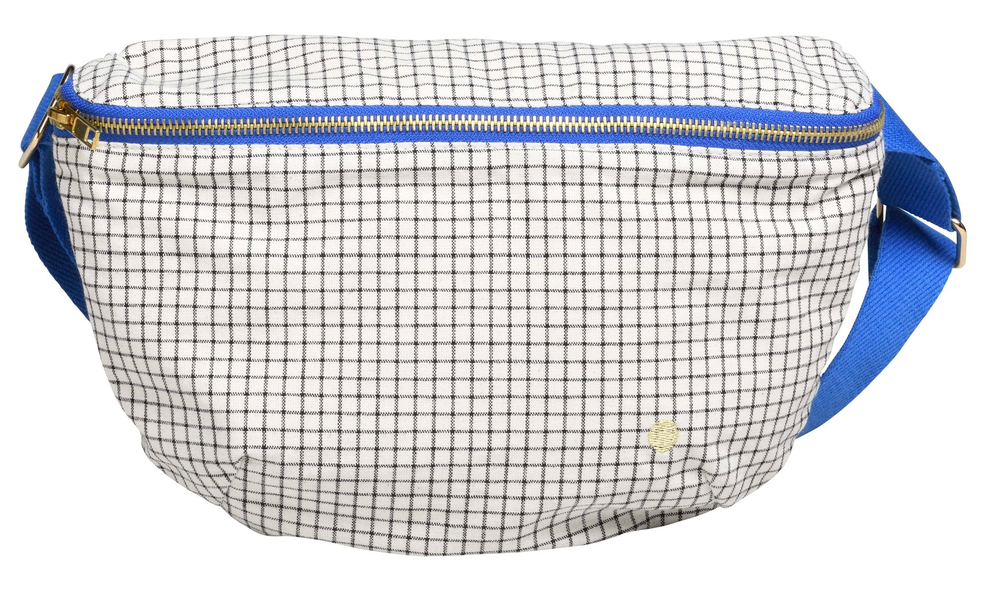 marsupio stylo blu, colore blu, taglia 19 x 28. vista frontale del marsupio in tessuto naturale su fondo neutro