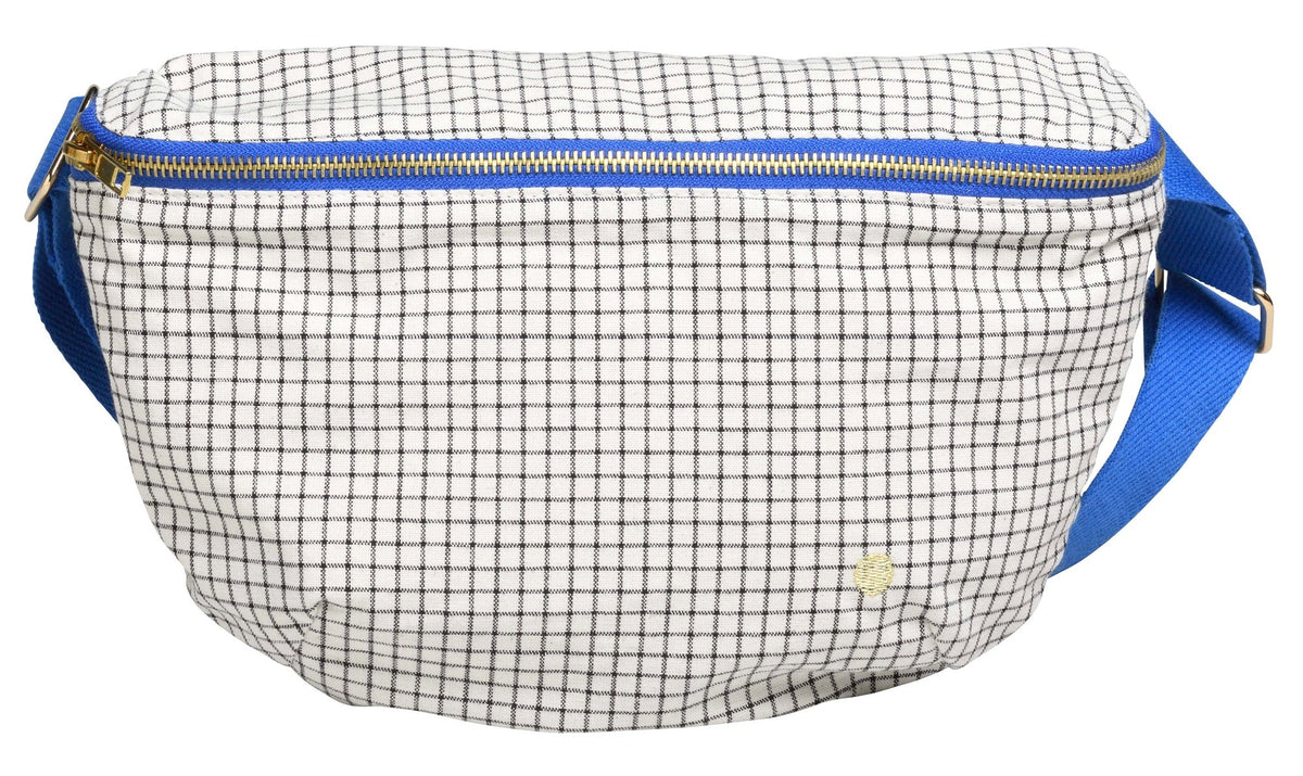 marsupio stylo blu, colore blu, taglia 19 x 28. vista frontale del marsupio in tessuto naturale su fondo neutro