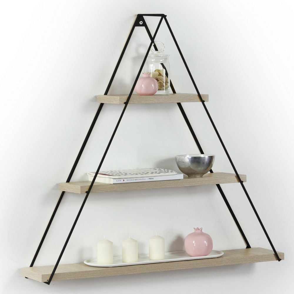 mensola triangolare moset 3 ripiani rovere mt1910051, mensola a muro per libri, oggetti decorativi o piante