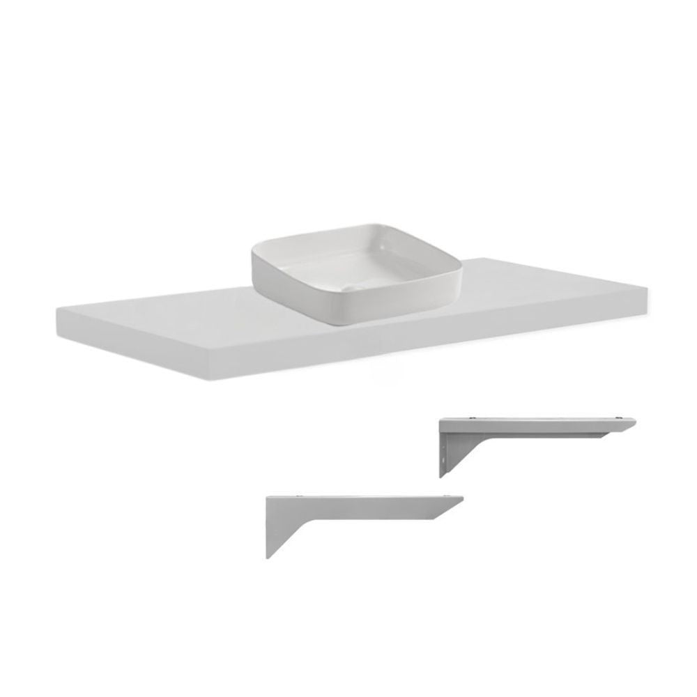 mensolone da bagno 120x47 con lavabo da appoggio colore bianco, dettaglio delle ante e finiture resistenti all’umidità