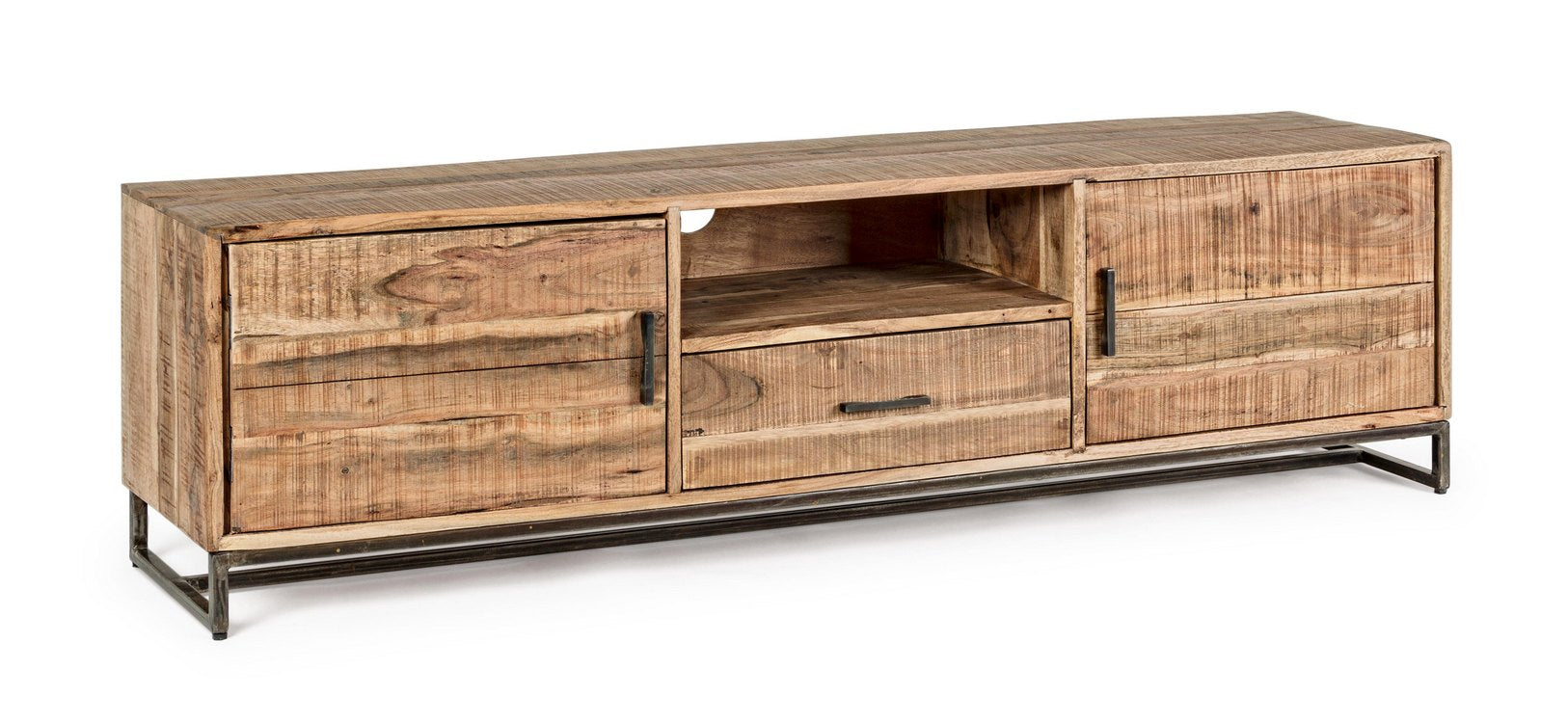 porta tv elmer in legno di acacia, 175x40x50 cm, mobile porta TV moderno con ripiani e vani contenitori