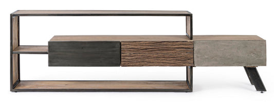 porta tv manchester in legno di mango e acciaio nero, 195x38x60 cm, dettaglio delle ante e finiture in legno naturale