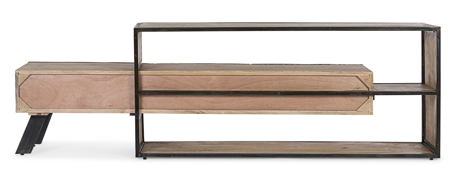 porta tv manchester in legno di mango e acciaio nero, 195x38x60 cm, vista ambientata in soggiorno o zona living