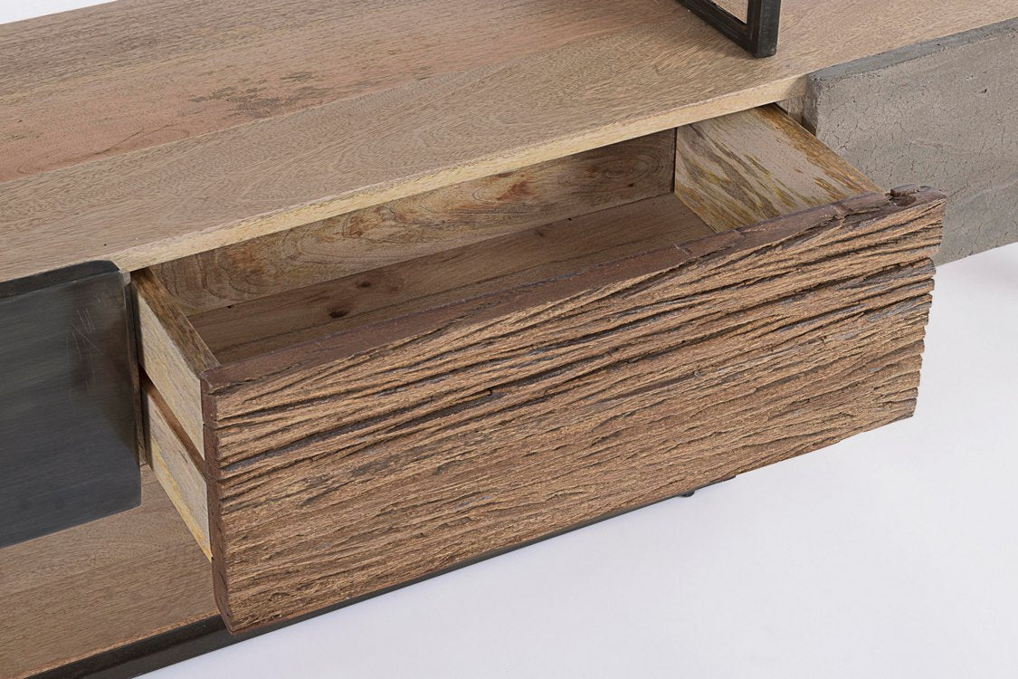 porta tv manchester in legno di mango e acciaio nero, 195x38x60 cm, ideale per organizzare console, decoder e accessori