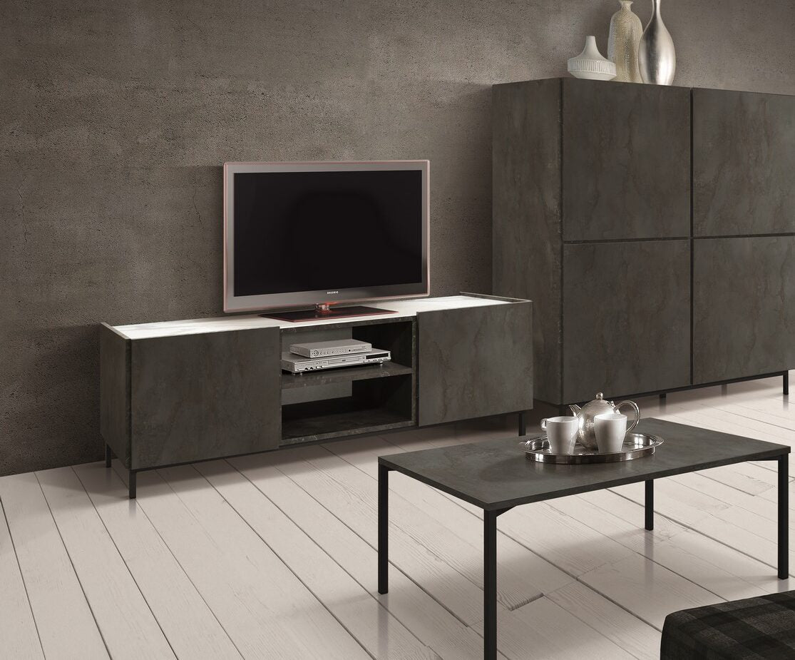 porta tv pietrasanta in legno, finitura in acciaio ossidato, piano effetto marmo statuario, 160×45 cm, mobile porta TV...