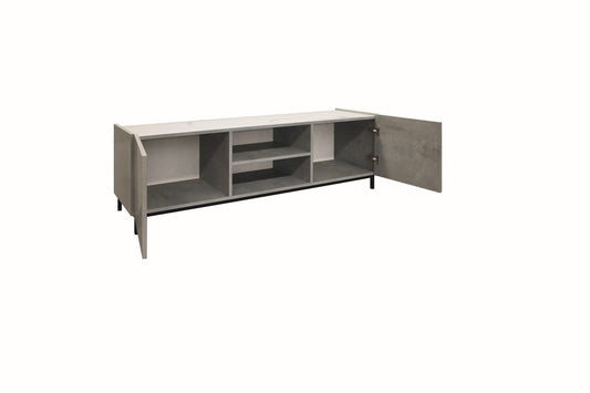 porta tv pietrasanta in legno, finitura in grigio cemento, piano effetto marmo statuario, 160×45 cm, dettaglio delle ante e...