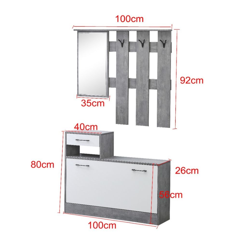 mobile ingresso rudolf xl bianco effetto lucido e rovere con maniglie nere, arredo funzionale per organizzare chiavi, scarpe e cappotti