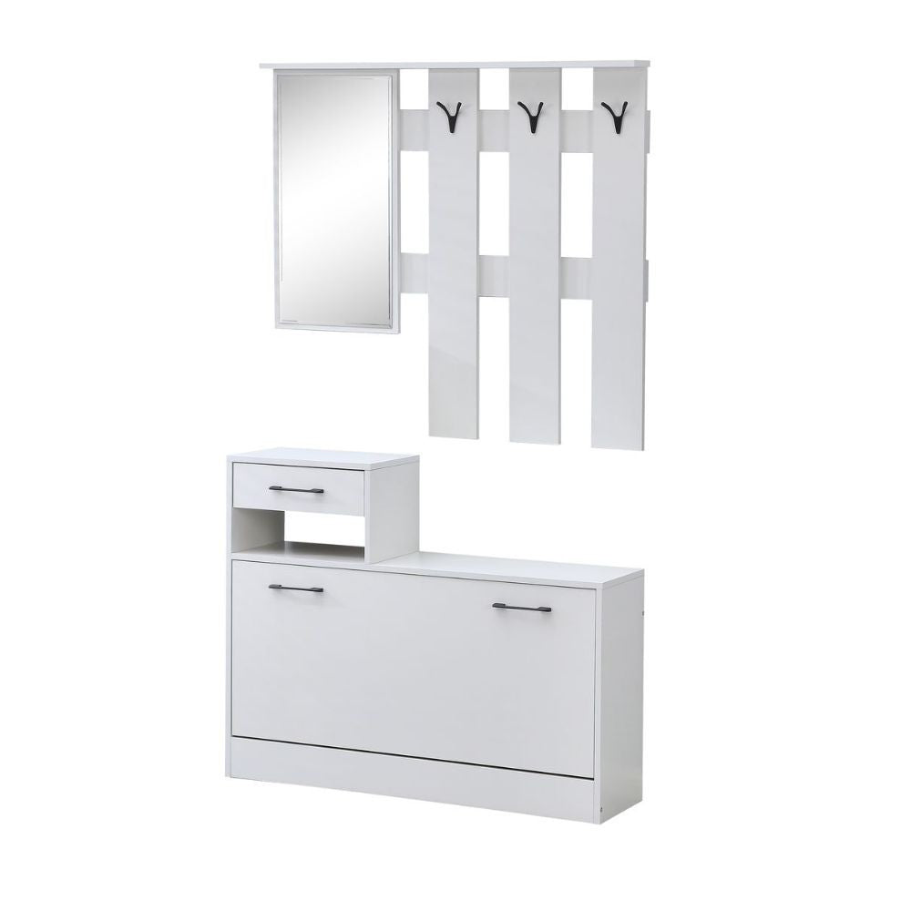 mobile ingresso rudolf xl con specchio e scarpiera colore bianco con maniglie nere, dettaglio dei ganci, mensole e cassetti portaoggetti