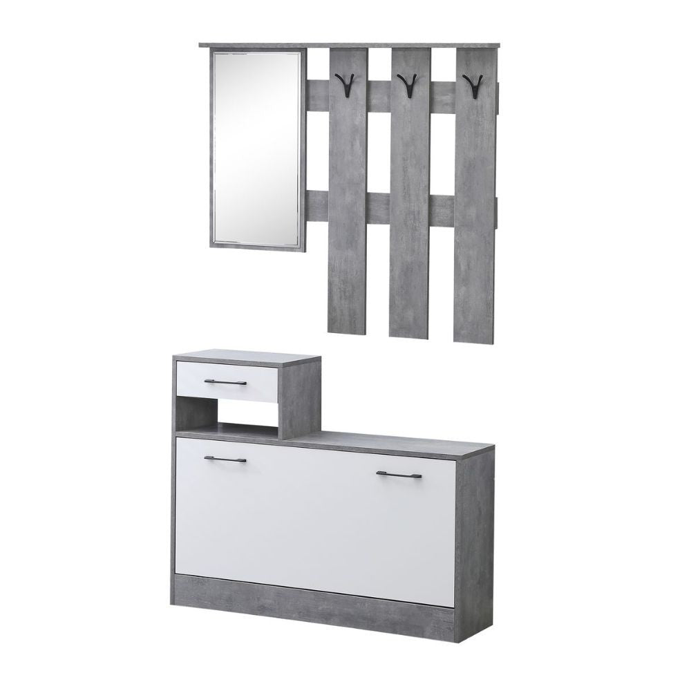 mobile ingresso rudolf xl con specchio e scarpiera colore cemento e bianco con maniglie nere, dettaglio dei ganci, mensole e cassetti portaoggetti