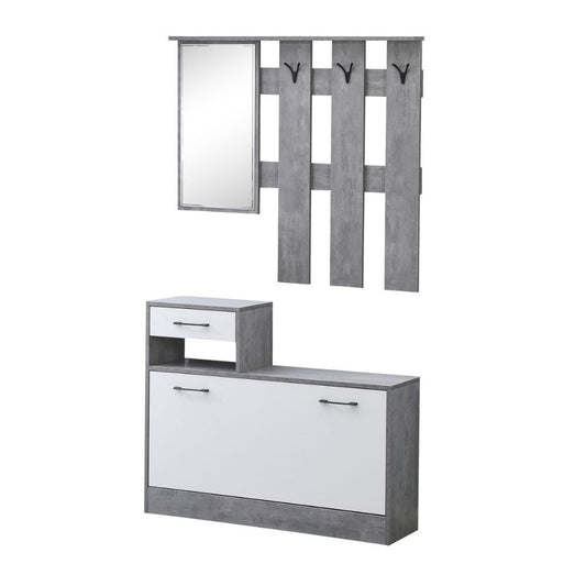 mobile ingresso rudolf xl con specchio e scarpiera colore cemento e bianco con maniglie nere, dettaglio dei ganci, mensole e cassetti portaoggetti