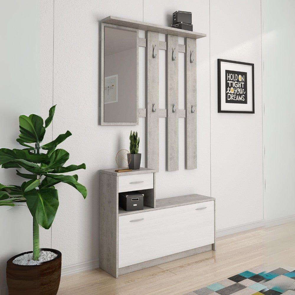 mobile ingresso rudolf con scarpiera colore beton e bianco, mobile ingresso con appendiabiti e specchio