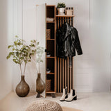 mobile ingresso medan 42a cannettato con specchio e 4 ripiani interni colore quercia e antracite, vista ambientata con scarpiere e panche coordinate