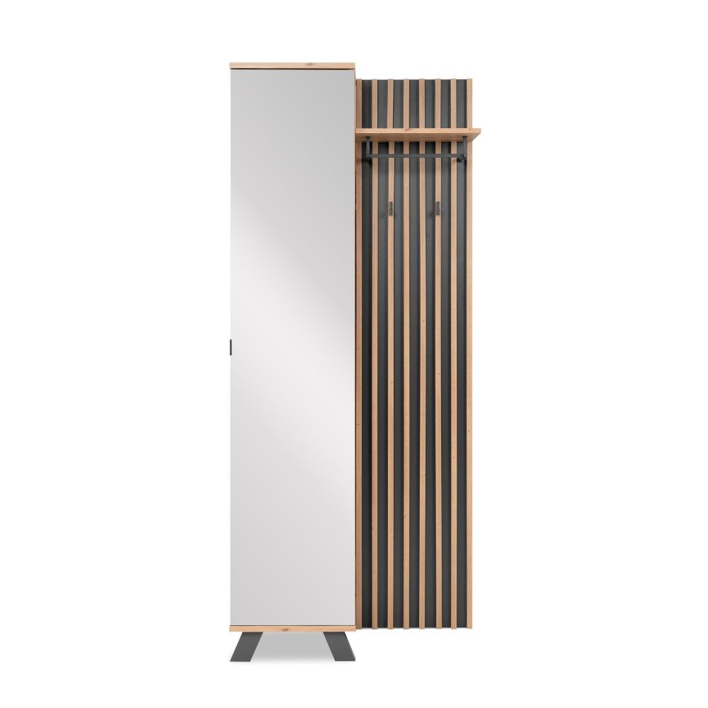 mobile ingresso medan 42a cannettato con specchio e 4 ripiani interni colore quercia e antracite, ideale per ingressi stretti o zone di passaggio