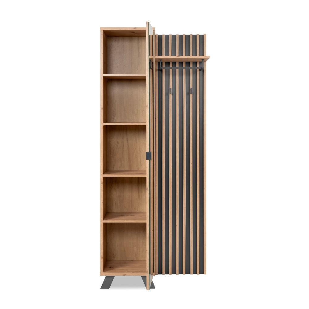 mobile ingresso medan 42a cannettato con specchio e 4 ripiani interni colore quercia e antracite, design moderno, minimalista o vintage per ogni stile