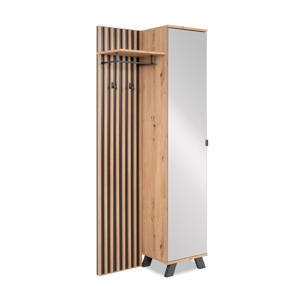 mobile ingresso medan 42a cannettato con specchio e 4 ripiani interni colore quercia e antracite, struttura compatta salvaspazio ma capiente