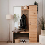 mobile ingresso medan 42b cannettato con 2 ante e panca colore quercia e antracite, mobile ingresso con appendiabiti e specchio