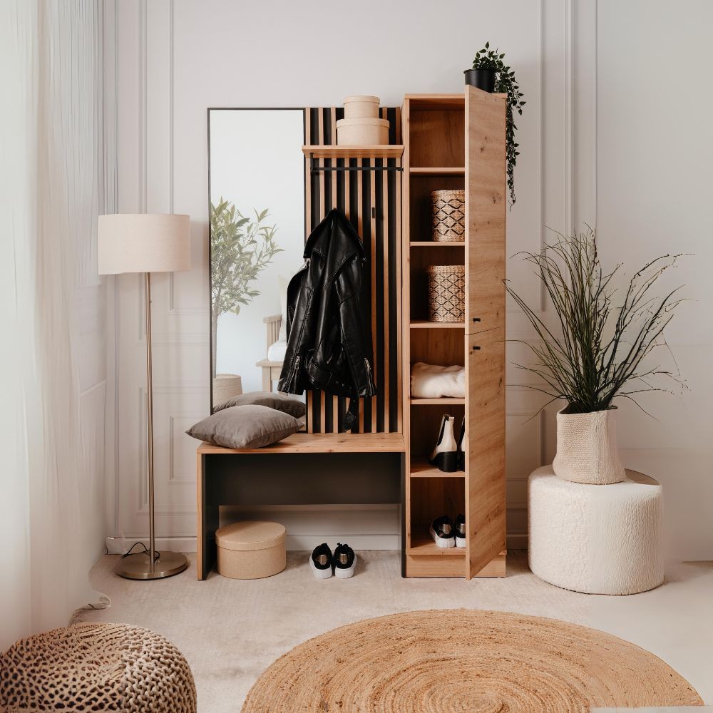 mobile ingresso medan 42b cannettato con 2 ante e panca colore quercia e antracite, dettaglio dei ganci, mensole e cassetti portaoggetti