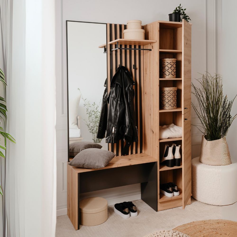 mobile ingresso medan 42b cannettato con 2 ante e panca colore quercia e antracite, arredo funzionale per organizzare chiavi, scarpe e cappotti