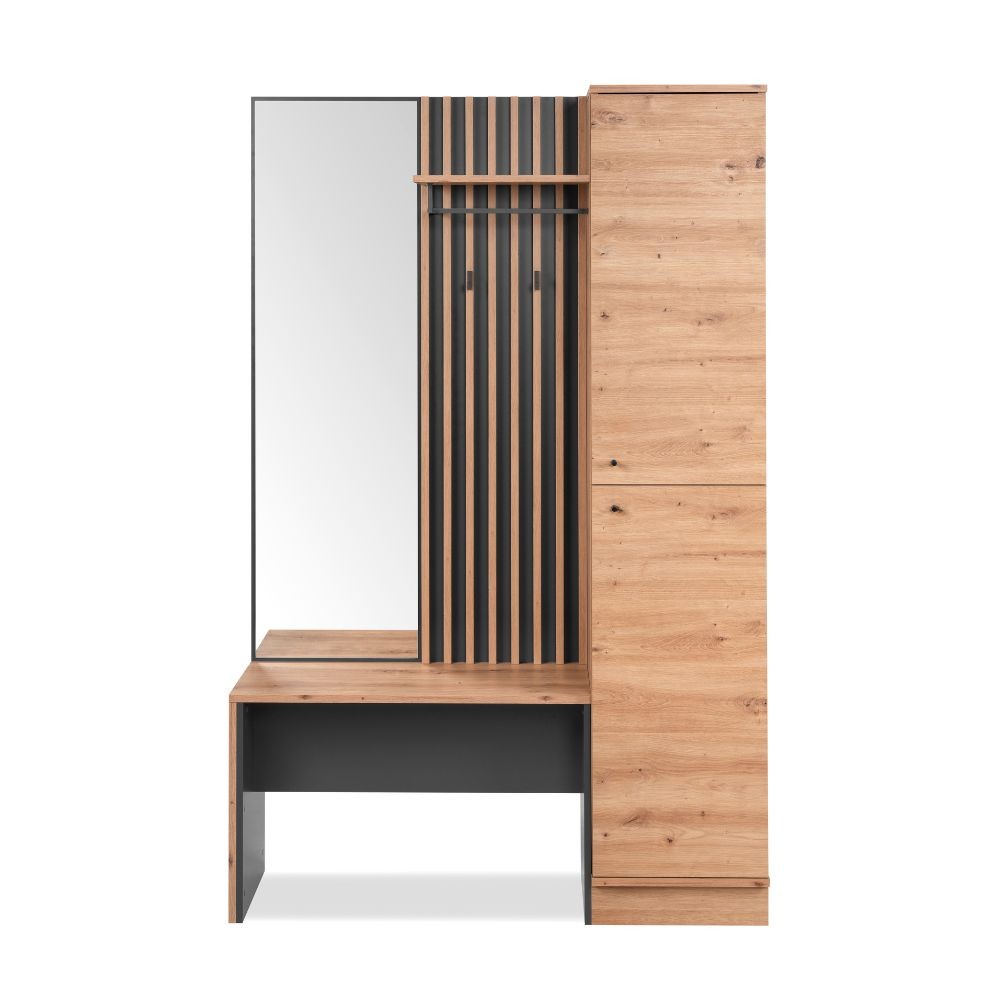 mobile ingresso medan 42b cannettato con 2 ante e panca colore quercia e antracite, ideale per ingressi stretti o zone di passaggio