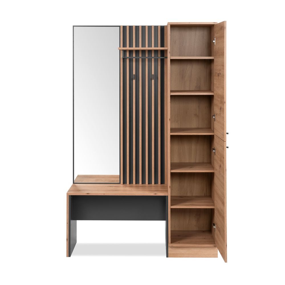 mobile ingresso medan 42b cannettato con 2 ante e panca colore quercia e antracite, struttura compatta salvaspazio ma capiente