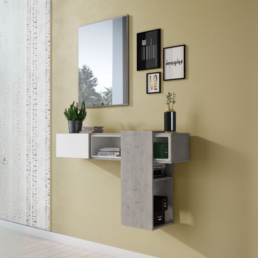 mobile ingresso sospeso mog con specchio colore cemento e bianco, mobile ingresso con appendiabiti e specchio
