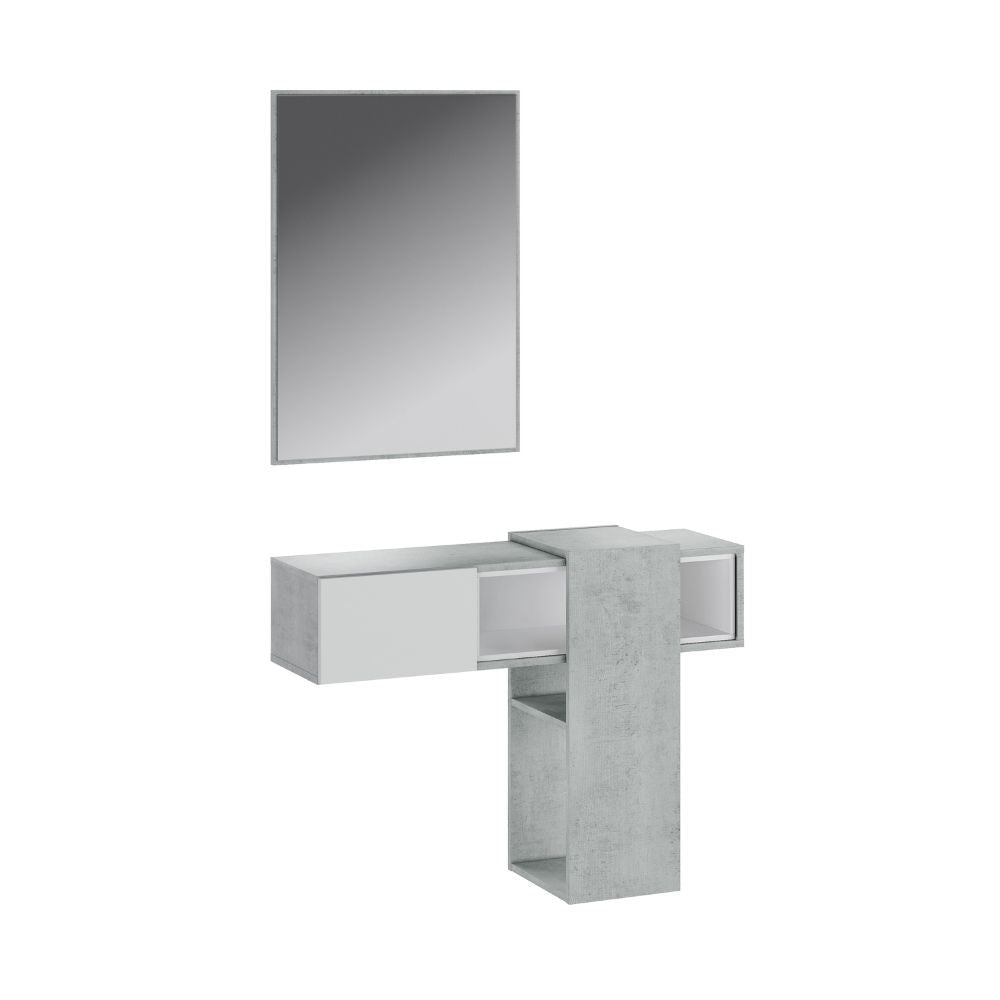 mobile ingresso sospeso mog con specchio colore cemento e bianco, dettaglio dei ganci, mensole e cassetti portaoggetti