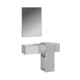 mobile ingresso sospeso mog con specchio colore cemento e bianco, dettaglio dei ganci, mensole e cassetti portaoggetti