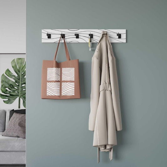 appendiabiti a muro flow 6 ganci colore bianco con dettagli neri, dettaglio dei ganci, mensole e cassetti portaoggetti