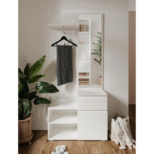 mobile ingresso image41b bianco con specchio, dettaglio dei ganci, mensole e cassetti portaoggetti