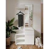 mobile ingresso image41b bianco con specchio, dettaglio dei ganci, mensole e cassetti portaoggetti