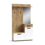 mobile ingresso mosso mo6 colore rovere e bianco, vista ambientata con scarpiere e panche coordinate