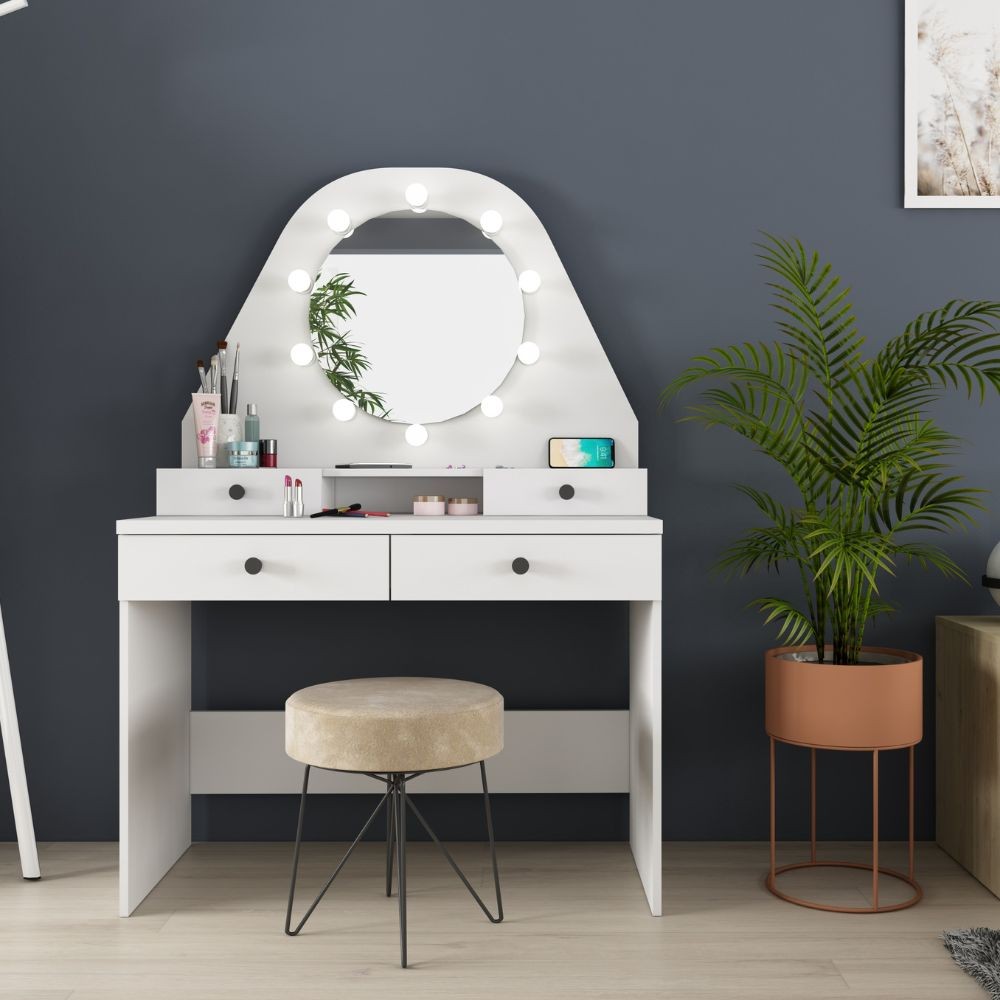 toeletta da trucco con specchio a luci a led con doppio ripiano e 4 cassetti bianco, mobile multiuso compatto per lavanderia, cucina o ingresso