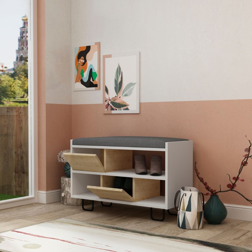 panca scarpiera troy struttura bianca e ante a ribalta rovere con cuscino, scarpiera salvaspazio con ante battenti o a ribalta