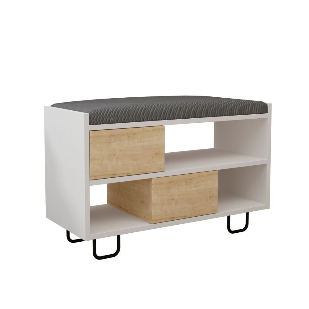 panca scarpiera troy struttura bianca e ante a ribalta rovere con cuscino, vista ambientata in corridoio o zona servizio