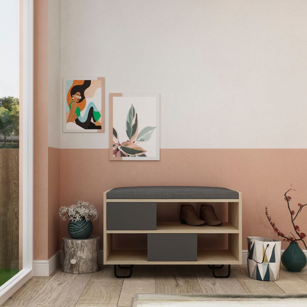 panca scarpiera troy struttura rovere e ante a ribalta antracite con cuscino, mobile multiuso compatto per lavanderia, cucina o ingresso