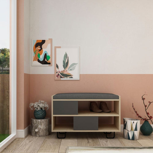 panca scarpiera troy struttura rovere e ante a ribalta antracite con cuscino, mobile multiuso compatto per lavanderia, cucina o ingresso