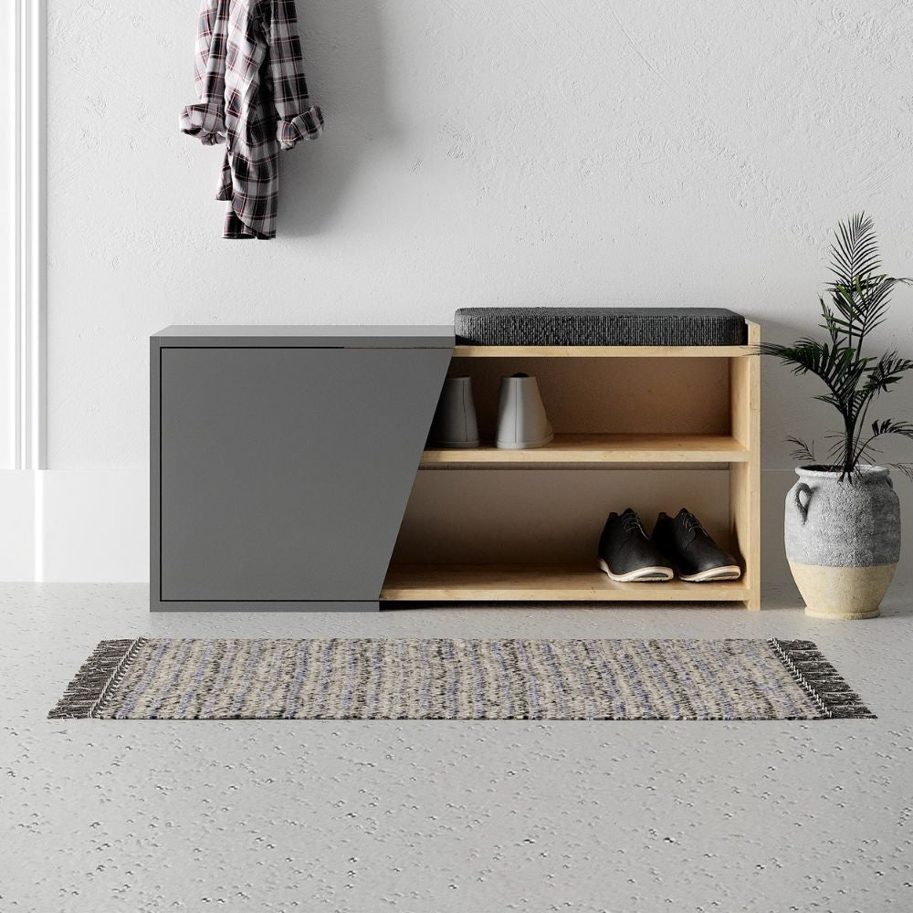 panca scarpiera fiona con struttura rovere e frontali antracite con cuscino, mobile multiuso compatto per lavanderia, cucina o ingresso