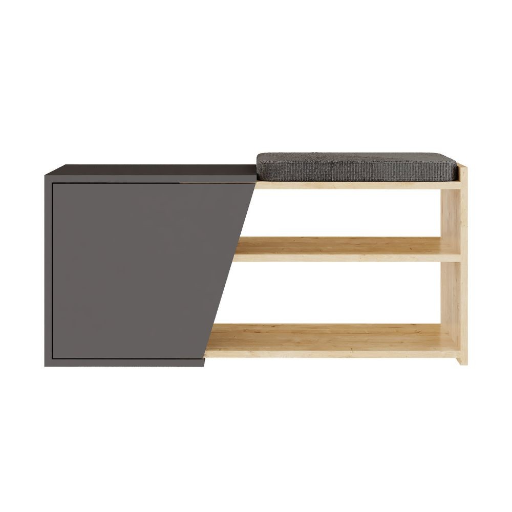 panca scarpiera fiona con struttura rovere e frontali antracite con cuscino, vista ambientata in corridoio o zona servizio