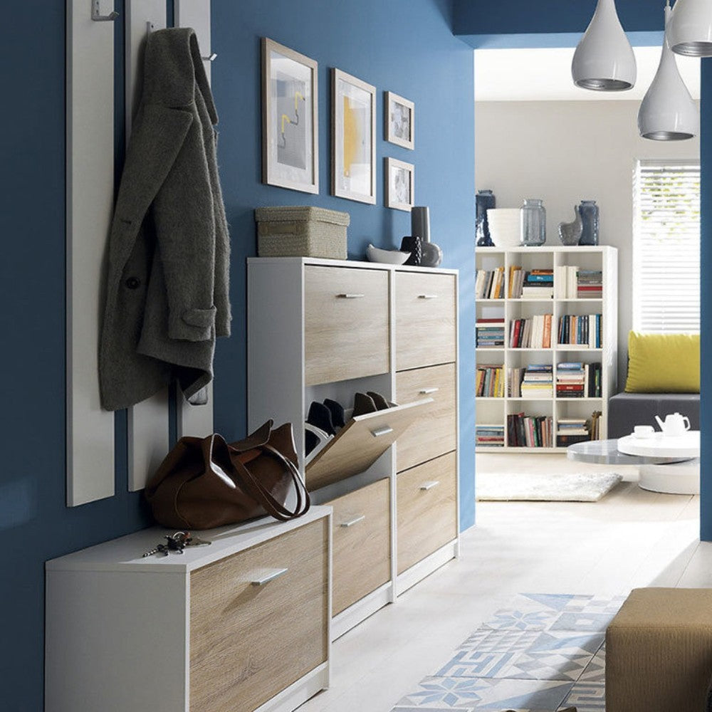 scarpiera nepo 3 scomparti colore struttura rovere e frontali bianchi, ideale per tenere tutto in ordine anche negli spazi piccoli