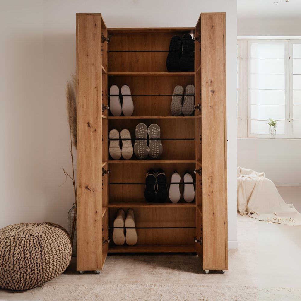 scarpiera lugo 02a con 2 ante e 5 scomparti colore quercia, mobile multiuso compatto per lavanderia, cucina o ingresso