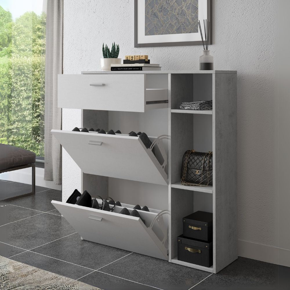 scarpiera takimi con 2 ante a ribalta 1 cassetto colore cemento e bianco, scarpiera salvaspazio con ante battenti o a ribalta