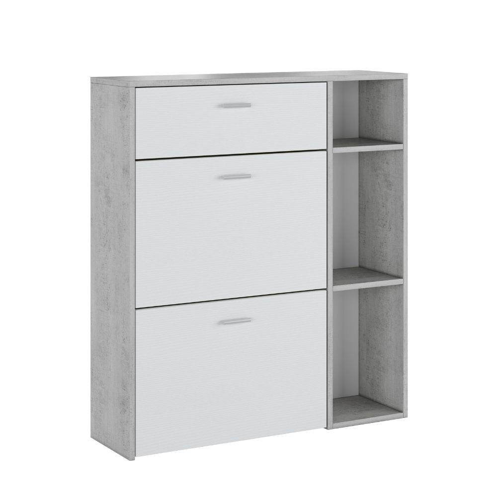 scarpiera takimi con 2 ante a ribalta 1 cassetto colore cemento e bianco, vista ambientata in corridoio o zona servizio