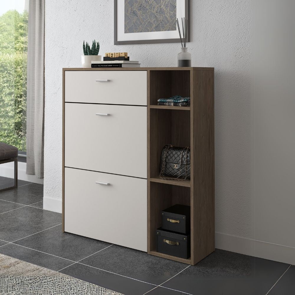 scarpiera takimi con 2 ante a ribalta 1 cassetto colore columella e cashmere, mobile multiuso compatto per lavanderia, cucina o ingresso