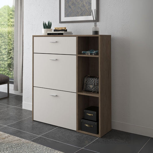 scarpiera takimi con 2 ante a ribalta 1 cassetto colore columella e cashmere, mobile multiuso compatto per lavanderia, cucina o ingresso