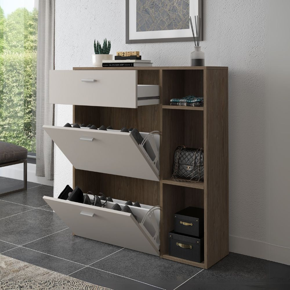 scarpiera takimi con 2 ante a ribalta 1 cassetto colore columella e cashmere, scarpiera salvaspazio con ante battenti o a ribalta